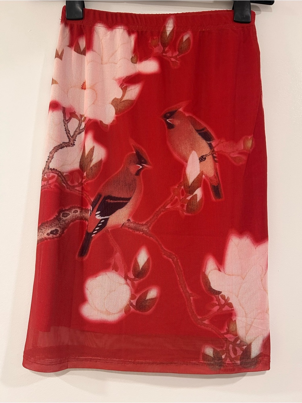 Red Floral and Bird Oriental Print Mesh Skirt